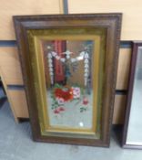 VICTORIAN RECTANGULAR BEVELLED EDGE WALL MIRROR, DECORATED WITH VASE OF FLOWERS, OAK FRAMED, 34” X