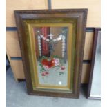 VICTORIAN RECTANGULAR BEVELLED EDGE WALL MIRROR, DECORATED WITH VASE OF FLOWERS, OAK FRAMED, 34” X