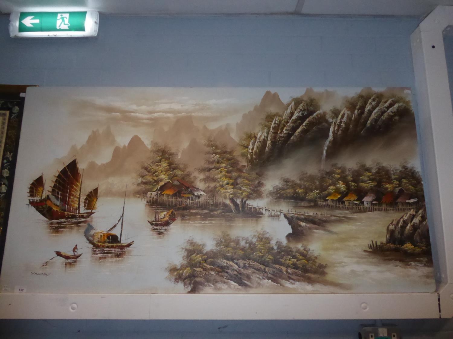 CHINESE SCHOOL OIL PAINTING ON UNFRAMED BOARD COAST SCENE WITH SAMPANS AND JUNKS SIGNED 30” X 58”