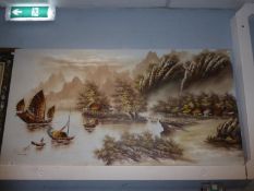 CHINESE SCHOOL OIL PAINTING ON UNFRAMED BOARD COAST SCENE WITH SAMPANS AND JUNKS SIGNED 30” X 58”
