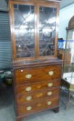 AN ANTIQUE  MAHOGANY SECRETAIRE BOOKCASE, THE UPPER SECTION HAVING ASTRAGAL GLAZED DOORS, HAVING 4