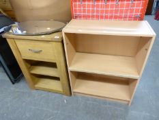 A LIGHT OAK LOW CORNER UNIT WITH DRAWER OVER TWO OPEN SHELVES; A PINE THREE TIER OPEN BOOKCASE, 2’3”