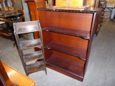 A MAHOGANY THREE TIER OPEN BOOKCASE, WITH GADROON CARVED EDGES AND A SMALL FOUR TIER OPEN