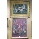 TWO MODERN WOOL WORK PICTURES IN THE MEDIEVAL STYLE Hunting dogs Interior with figures and