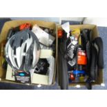 TWO BOXES OF MAINLY PACKAGED AS NEW CYCLING ACCESSORIES INCLUDING; TRAX AND STAR SPORT SAFETY