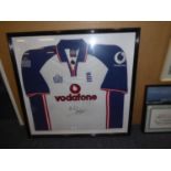 IAN (BEEFY) BOTHAM AUTOGRAPHED SHORT SLEEVED ENGLAND CRICKET SHIRT with Vodafone sponsor, framed and