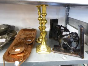 A PAIR OF EBONY ELEPHANT BOOKENDS; A PAIR OF BRASS CANDLESTICKS, A COPPER FISH PLATE AND TWO SERVERS