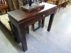 A MAHOGANY OBLONG SIDE TABLE, WITH SMALL FRIEZE DRAWER, ON FOUR HEAVY STRAIGHT SUPPORTS, 3’3” WIDE