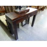 A MAHOGANY OBLONG SIDE TABLE, WITH SMALL FRIEZE DRAWER, ON FOUR HEAVY STRAIGHT SUPPORTS, 3’3” WIDE