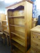 A MODERN PINE TALL OPEN BOOKCASE OF 6 TIERS, 2’9” WIDE AND A SMALL PINE THREE TIER SHELVING UNIT