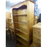 A MODERN PINE TALL OPEN BOOKCASE OF 6 TIERS, 2’9” WIDE AND A SMALL PINE THREE TIER SHELVING UNIT