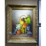 J. REMSTEOT  OIL PAINTING ON CANVAS STILL LIFE WITH BASKET OF FRUIT  SIGNED LOWER LEFT  15 1/2" X 11