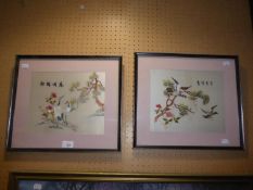 A PAIR OF CHINESE SILK EMBROIDERED PICTURES, ‘CRANES’ AND ‘EAGLES’, 9” X 10 ¾”
