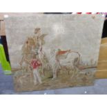 UNFRAMED LARGE VICTORIAN WOOLWORK PICTURE, HUNTING SCENE, MAN ON HORSE BACK WITH HAWK, ATTENDANT BOY