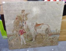 UNFRAMED LARGE VICTORIAN WOOLWORK PICTURE, HUNTING SCENE, MAN ON HORSE BACK WITH HAWK, ATTENDANT BOY