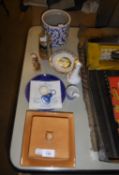 OCHRE GLAZED STUDIO POTTERY SQUARE BUTTER DISH AND COVER, COPENHAGEN CHRISTMAS PLATE 1990 WITH
