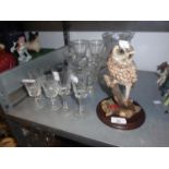 A BOHEMIAN CUT GLASS VASE, GLASS PLATE, VARIOUS STEM WINES, A COUNTRY ARTIST 'LITTLE OWL'