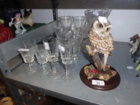 A BOHEMIAN CUT GLASS VASE, GLASS PLATE, VARIOUS STEM WINES, A COUNTRY ARTIST 'LITTLE OWL'
