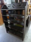 A STAINED WOOD FIVE TIER OPEN BOOKCASE, 3’1” WIDE AND AN OAK CD CABINET WITH METAL GRILLES TO THE