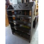 A STAINED WOOD FIVE TIER OPEN BOOKCASE, 3’1” WIDE AND AN OAK CD CABINET WITH METAL GRILLES TO THE