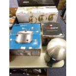 GOOD SELECTION OF MAINLY NEW OR LITTLE USED MODERN KITCHENALIA TO INCLUDE; TWO BOXED SAUCEPAN SETS