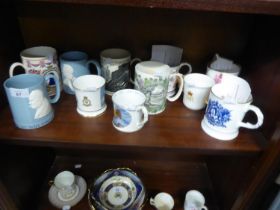 ELEVEN VARIOUS WEDGWOOD, COALPORT and OTHER ROYAL COMMEMORATIVE and OTHER POTTERY and PORCELAIN MUGS