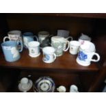 ELEVEN VARIOUS WEDGWOOD, COALPORT and OTHER ROYAL COMMEMORATIVE and OTHER POTTERY and PORCELAIN MUGS