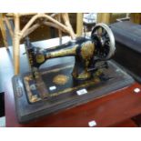 JONES VINTAGE MANUAL PORTABLE SEWING MACHINE AND WOODEN DOMED COVER