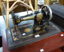 JONES VINTAGE MANUAL PORTABLE SEWING MACHINE AND WOODEN DOMED COVER