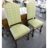 A SET OF SIX DINING CHAIRS WITH UPHOLSTERED HIGH BACKS AND SEATS COVERED IN SQUARE PATTERN FABRIC