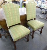 A SET OF SIX DINING CHAIRS WITH UPHOLSTERED HIGH BACKS AND SEATS COVERED IN SQUARE PATTERN FABRIC