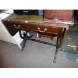 REGENCY STYLE MAHOGANY SOFA TABLE WITH GREEN LEATHER INSET TOP, ON LYRE SHAPED END SUPPORTS AND