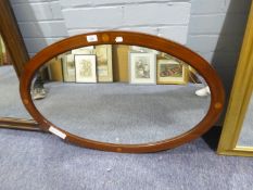 OVAL BEVELLED EDGE WALL MIRROR, IN INLAID MAHOGANY FRAME, 35 1/2in x 23 1/2in (90.1 x 59.6cm)