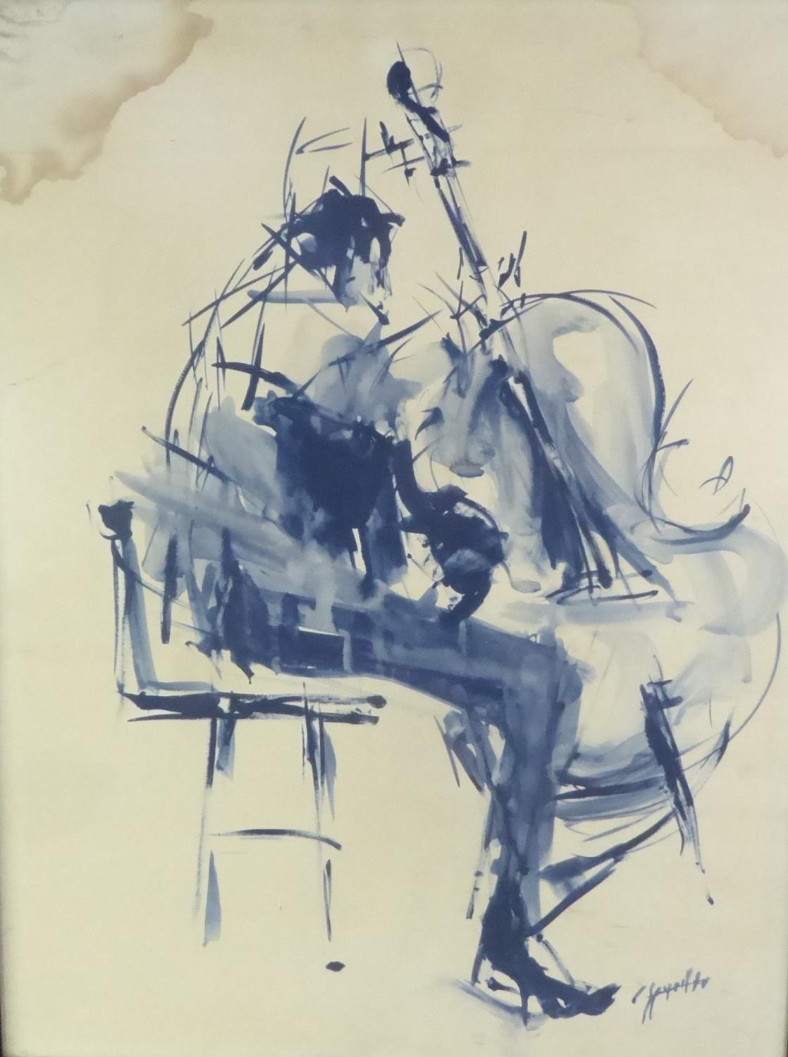 UNATTRIBUTED BLUE WASH SKETCH Man playing a double bass Signed indistinctly lower right 25 1/2in x