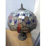 TIFFANY STYLE CAST METAL ELECTRIC TABLE LAMP WITH LEADED AND STAINED GLASS ‘DRAGONFLY’ PATTERN DOMED