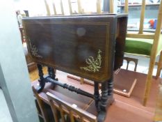 EDWARDIAN BONE INLAID ROSEWOOD TOPPED SUTHERLAND TABLE, WITH DARK STAINED, PROBABLY BEECHWOOD