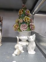 TWO LLADRO MODELS OF CATS IN DIFFERENT POSES AND A POTTERY BOWL OF FLOWERS, 16in (40.6cm) high
