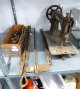 FOUR BLACKSMITH FIRE IRONS, AN OLD JONES SEWING MACHINE AND A DR MACAURA'S BLOOD CIRCULATOR, IN