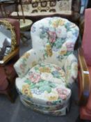 BOUDOIR TUB SHAPED EASY CHAIR IN FLORAL PRINTED WHITE FABRIC