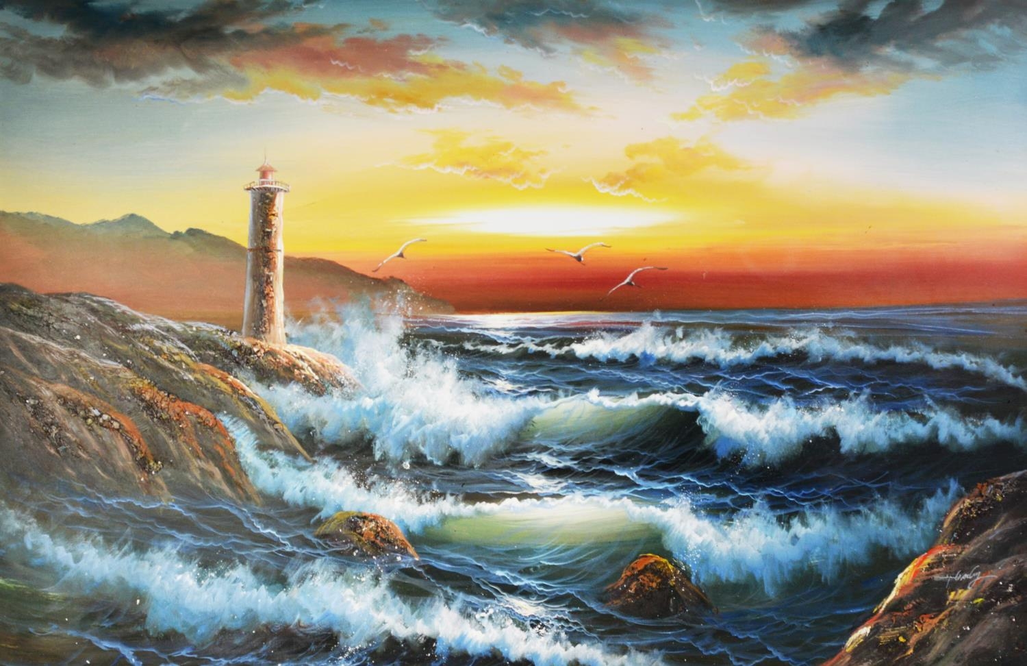 GABY? (TWENTIETH CENTURY) ACRYLIC ON CANVAS Coastal scene at dusk with lighthouse and seagulls