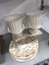 PAIR OF WHITE POTTERY FLOWR ARRANGING URNS AND A SELECTION OF POTTERY DESSERT/RACK PLATES