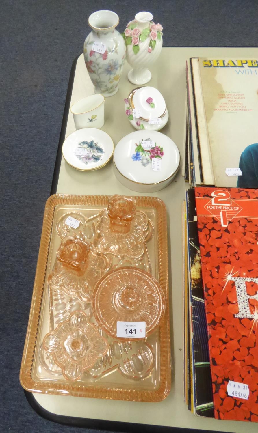 A PINK MOULDED GLASS DRESSING TABLE SET OF FIVE PIECES, INCLUDING AN OBLONG TRAY AND A PAIR OF