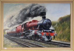 PHILIP MARCHINGTON (TWENTIETH CENTURY) OIL PAINTING ON CANVAS 'LMS Steam Locomotive Kolhapur' Signed