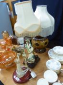 TWO FEMALE FIGURE TABLE LAMPS, ON WOOD BASES AND THE SILK SHADES AND A LARGE POTTERY GLOBULAR