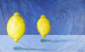 SINDALY OIL PAINTING ON CANVAS Two lemons on a blue background Signed lower right 31 1/2in x 51 1/