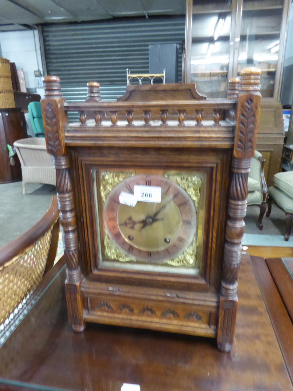 EDWARDIAN CARVED OAK MANTEL CLOCK