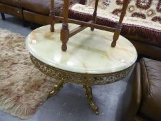 CIRCULAR MARBLE EFFECT COFFEE TABLE, ON BRASS COLOURED METAL BASE, (80cm diameter)