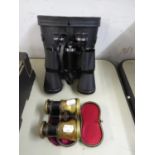 PAIR OF PRINZLUX 12x50 MAGNIFICATION BINOCULARS, IN CASE AND A PAIR OF EARLY 20th CENTURY BRASS