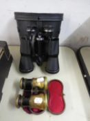 PAIR OF PRINZLUX 12x50 MAGNIFICATION BINOCULARS, IN CASE AND A PAIR OF EARLY 20th CENTURY BRASS