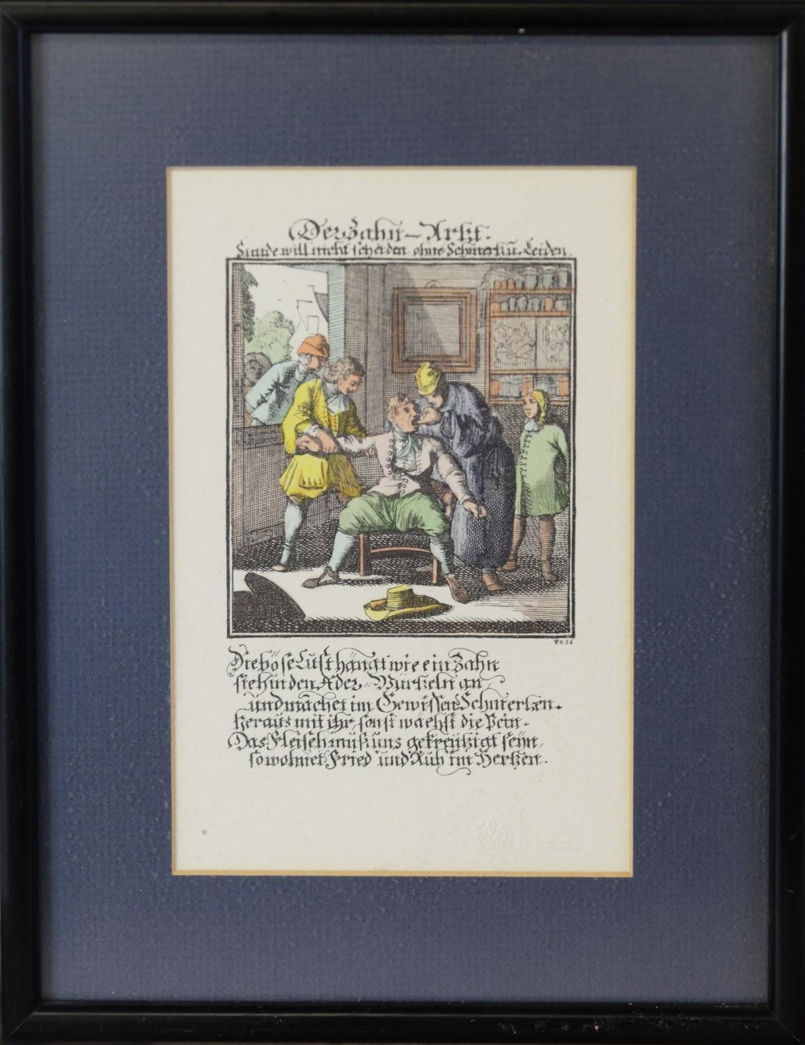HAND COLOURED REPRINT OF AN EIGHTEENTH CENTURY GERMAN ENGRAVING ‘The Dentist’ 7 ½” x 4 ¾” (19cm x - Image 2 of 7